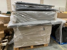 PALLET OF ASSORTED BED BASES / PARTS TO INCLUDE SMALL DIVAN BED BASE IN MEDIUM GREY FABRIC (INCLUDES PARTS) (ZONE 3)