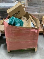 PALLET OF ASSORTED ITEMS TO INCLUDE FOLDING STAND IN NATURAL FOR BASKET TO INCLUDE VOUNOT ZEBRA BUILD 150 X 50CM IN GREY (ZONE 4)