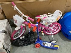 2 X SPIDER-MAN 3 WHEELED SCOOTER IN BLUE / RED TO INCLUDE BARBIE LOVE GIRLS BIKE WITH BASKET AND STABILISERS IN PINK (ZONE 8)