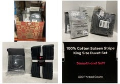 BOX OF ASSORTED SOFT FURNISHING ITEMS TO INCLUDE EASY CARE POLYCOTTON DOUBLE DUVET COVER SET GREY