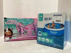 5 X ASSORTED ITEMS TO INCLUDE DREAMWORKS GABBY DOLLHOUSE MY FIRST 2-IN-1 10" TRAINING BIKE PINK (RRP £49)