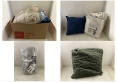 BOX OF ASSORTED SOFT FURNISHING ITEMS TO INCLUDE LUXURY EMBOSSED VELOUR CURTAINS BEIGE