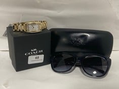 COACH DIAMOND ENCRUSTED JAPAN MOVEMENT CHINA BRACELET WATCH GOLD TO INCLUDE COACH CAT EYE ACETATE SUNGLASSES BLACK - TOTAL RRP £264