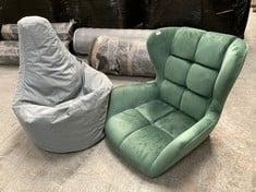 GREEN VELVET ARMCHAIR (NO LEGS) TO INCLUDE MAXI BEAN LARGE BEAN CUSHION