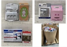 PALLET OF ASSORTED ITEMS TO INCLUDE SCREWLESS FLAT PLATE SWITCH IN BRUSHED STEEL, FACE BANK COIN EATING SAVING BANK (KERBSIDE PALLET DELIVERY)