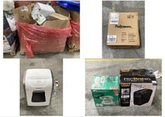 PALLET OF ASSORTED ITEMS TO INCLUDE FELLOWES POWERSHRED 10 SHEET PAPER SHREDDER (KERBSIDE PALLET DELIVERY)