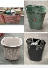 PALLET OF ASSORTED BINS/STORAGE TO INCLUDE CURVER GREEN LAUNDRY BASKET (KERBSIDE PALLET DELIVERY)