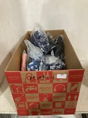 BOX OF ASSORTED ITEMS TO INCLUDE WOMENS BLUE FLOWER BIKINI .