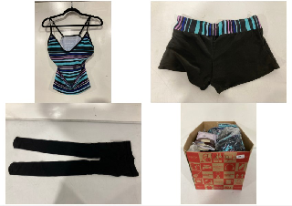 BOX OF ASSORTED CLOTHING AND SWIMWEAR TO INCLUDE MANZI IM THE TIGHTS 2 PACK SIZE SMALL