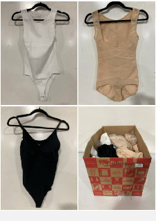 BOX OF ASSORTED CLOTHING AND UNDERWEAR TO INCLUDE BLACK 1 PIECE LEOTARD