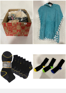 QTY OF ITEMS TO INCLUDE BOX OF ASSORTED CLOTHING , 12 PAIRS MENS HEAVY DUTY QUARTER LENGTH WORK SOCKS SHOE SIZE 6-11 SAFETY/STEEL TOE BOOT SOCKS.