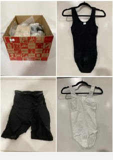 BOX OF ASSORTED CLOTHING TO INCLUDE NECK BRA BODYSUIT JUMPSUIT IN BLACK SIZE MEDIUM