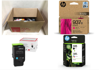 BOX OF ASSORTED PRINTER ITEMS TO INCLUDE HP 305 PRINTER INK 2 PACK BLACK AND TRI-COLOUR