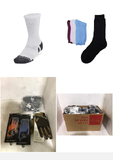 QTY OF ITEMS TO INCLUDE BOX OF ASSORTED SOCKS & GLOVES TO INCLUDE UA PERFORMANCE TECH 3PK CREW, GRAY, LG, JASMINE SILK 5 PAIRS WOMEN PURE SILK SOCKS THERMAL ONE SIZE (3-7) MIX COLOUR.