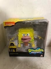 BOX OF ASSORTED TOYS TO INCLUDE SPONGEBOB SQUAREPANTS FIGURE .