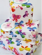 QTY OF ITEMS TO INCLUDE BOX OF ASSORTED CRAFTS TO INCLUDE WRAPPING PAPER 12366A"BUTTERFLIES" GIFT WRAP PACK WITH 2 SHEETS & 2 TAGS, PLASTIC FREE & FULLY RECYCLABLE, MULTICOLOURED, DAS WHITE 500 G AIR