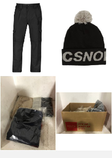 QTY OF ITEMS TO INCLUDE BOX OF ASSORTED CLOTHING TO INCLUDE PROPPER MEN'S LIGHTWEIGHT TACTICAL PANTS - GREY, SIZE 40 X 34, DC SHOES GAMBOL - BEANIE FOR KIDS.