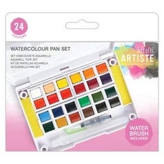 7 X ARTISTE WATERCOLOUR PAN SET - 24 COLOURS WITH WATER BRUSH.