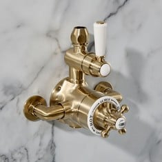 OLD LONDON TOPAZ TWIN EXPOSED SHOWER VALVE - BRUSHED BRASS/ WHITE - RRP £255