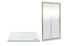 RENE 1900 X 1200MM SLIDING SHOWER DOOR - BRUSHED BRASS TO INCLUDE RECTANGULAR SLIMLINE SHOWER TRAY 1200 X 800MM - WHITE - TOTAL LOT RRP £610 (KERBSIDE PALLET DELIVERY)