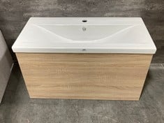 NUIE ATHENA NATURAL OAK 1 DRAWER WALL HUNG VANITY UNIT 800MM TO INCLUDE FURNITURE MID-EDGE CERAMIC BASIN 1 TAP HOLE 800MM - TOTAL LOT RRP £494