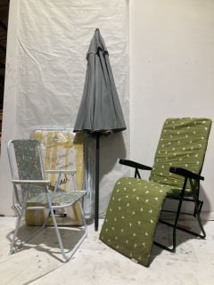 ITEMS TO INCLUDE PARASOL AND GARDEN CHAIRS