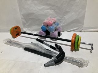 ITEMS TO INCLUDE WEIGHTS, BAR AND DUMBELL SET