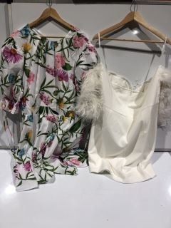 1 X BOX OF PREMIUM DESIGNER APPAREL TO INCLUDE FOREVER UNIQUE WHITE FEATHER DRESS UK 24