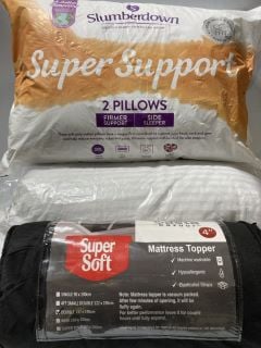 BOX OF ITEMS TO INCLUDE SLUMBERDOWN SUPER SUPPORT PILLOWS 2 PACK