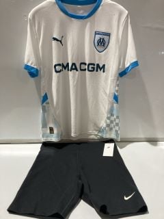 MARSEILLE HOME KIT SIZE L + NIKE TIGHT FIT HIGH RISE 8" LENGTH SHORTS SIZE XL + NIKE BLACK HOODIE KIDS SIZE M