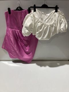 FOREVER UNIQUE SATIN VOLUMA BARDOT TOP SIZE 10 + FOREVER UNIQUE SATIN BANDEAU MINI DRESS PINK SIZE 14 RRP £110