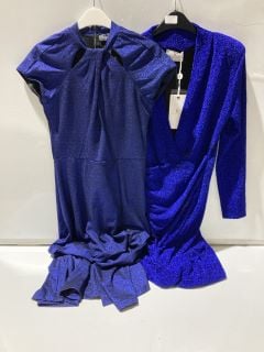 FOREVER UNIQUE LUREX PLUNGE DRAPED MIDI DRESS MEDIUM BLUE SIZE 16 + SOSANDAR TWIST NECK FIT AND FLARE DRESS SIZE 10 RRP £101