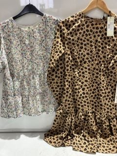 GUESS LOGO BRA SIZE S + MISSGUIDED ORANGE TOP SIZE 10 + NEVER FULLY DRESSED BROWN/ANIMAL PRINT DRESS SIZE 10 + APRICOT FLORAL DRESS SIZE 6 + MNG GREEN CHAIN PRINT TROUSERS SIZE 6