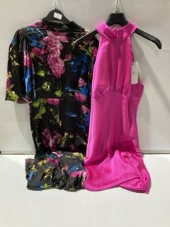 FOREVER UNIQUE PUFF SHOULDER MIDI DRESS FLORAL SIZE 10 + FOREVER UNIQUE SATAL HALTER NECK DRESS PINK SIZE 14 RRP £150