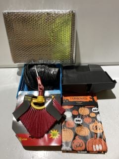 1 X BOX OF KITCHEN ITEMS TO INCLUDE HALLOWEEN TABLECLOTH