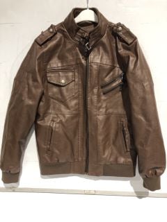 BOX OF CLOTHES TO INCLUDE BROWN LEATHER JACKET SIZE SMALL