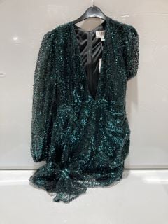 BOX OF DESIGNER CLOTHES TO INCLUDE FOREVER UNIQUE SEQUIN DRESS GREEN SIZE 16