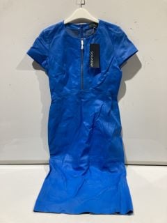 SOSANDER ZIP NECK LEATHER SHIFT DRESS AZURE BLUE SIZE 10