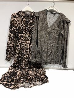 BOX OF DESIGNER CLOTHES TO INCLUDE ANIMAL PRINT DRESS BROWN