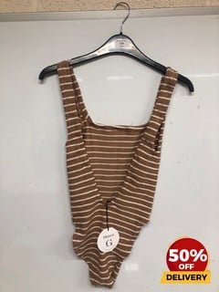 HUNZA G LONDON BROWN AND WHITE STRIPED ONE PIECE V BACK SWIMWEAR TOTAL RRP £185