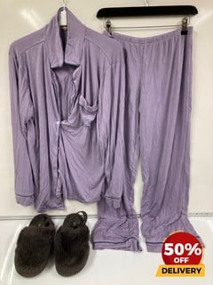 EBERJAY LAVENDER PYJAMA SHIRT AND TROUSER SET MEDIUM LOUNGE GREY FAUX FUR SLIPPERS TOTAL RRP £230