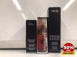 A COLLECTION OF DIOR TO INCLUDE LIP GLOW OIL 001 CHERRY 6ML FOREVER GLOW MAXIMISER HIGHLIGHTER 11ML TOTAL RRP £135