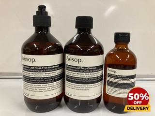 COLLECTION OF AESOP TO INCLUDE GERANIUM LEAF RINSE FREE HAND WASH 500ML GERANIUM LEAF BODY CLEANSER 500ML TOTAL RRP £111