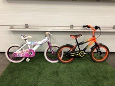 HUFFY STYLE WHITE FLOWER KIDS BIKE + STRIKE 16 ORANGE AND BLACK KIDS BIKE: LOCATION - BOOTH(COLLECTION OR OPTIONAL DELIVERY AVAILABLE)