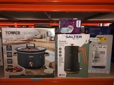 QUANTITY OF KITCHEN & APPLIANCES ITEMS TO INCLUDE SALTER EK5822BLK TORONTO 1.7 L KETTLE – 3KW RAPID BOIL, LIMESCALE FILTER, WATER LEVEL INDICATOR, 360° BASE, WOODEN ACCENTS, CORDLESS, BOIL DRY SENSOR