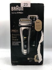 BRAUN BEARD SHAVER SERIES 9 PRO+ ELECTRIC SHAVER FOR MEN RECHARGEABLE, 5 PRO SHAVE ELEMENTS & PRECISION LONG HAIR PRO TRIMMER, POWERCASE, 9527S, SILVER.: LOCATION - A RACK