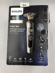 PHILIPS SHAVER SERIES 9000 PRESTIGE WET & DRY ELECTRIC SHAVER LIFT & CUT SHAVING SYSTEM SKIN IQ TECHNOLOGY, BEARD STYLER, NOSE TRIMMER, QI CHARGING PAD, MODEL SP9885/35 BRIGHT CHROME BRUSHED.: LOCATI