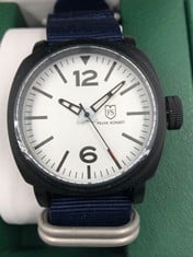 MENS FRANK SCHMIDT WATCH LARGE BLACK CASE- WHITE PILOT DIAL - BLUE LEATHER STRAP 3ATM WATER RESISTANT GIFT BOX INCLUDED SET £290: LOCATION - A RACK