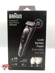 BRAUN BEARD TRIMMER SERIES 9 BT9441, BEARD TRIMMER MEN RECHARGEABLE, TRIMMER WITH BARBER TOOLS AND 180-MIN RUNTIME, HAIR AND BEARD TRIMMERS FOR MEN, BLACK.: LOCATION - A RACK