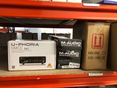 QUANTITY OF TV & AUDIO ITEMS TO INCLUDE BEHRINGER UMC22 AUDIOPHILE 2X2 USB AUDIO INTERFACE WITH MIDAS MICROPHONE PREAMP: LOCATION - B RACK